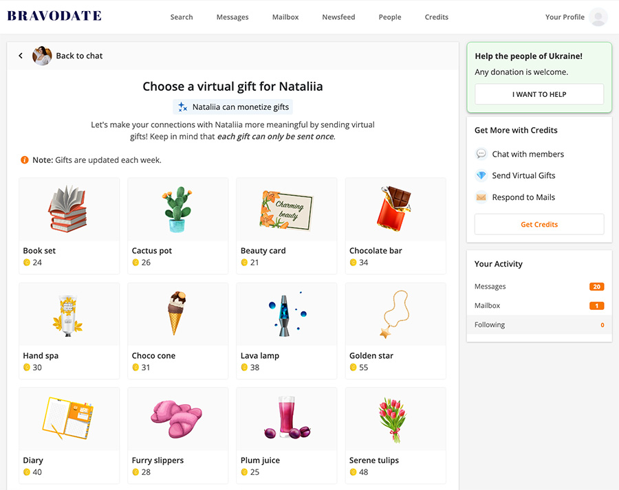 bravodate virtual gifts