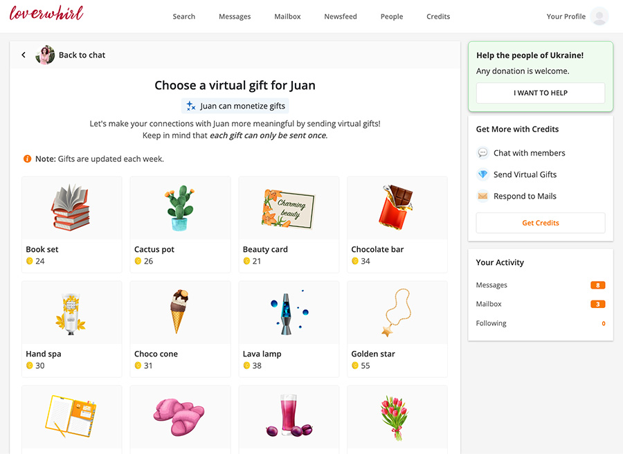 loverwhirl virtual gifts
