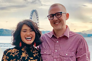 happy couple with korean girl